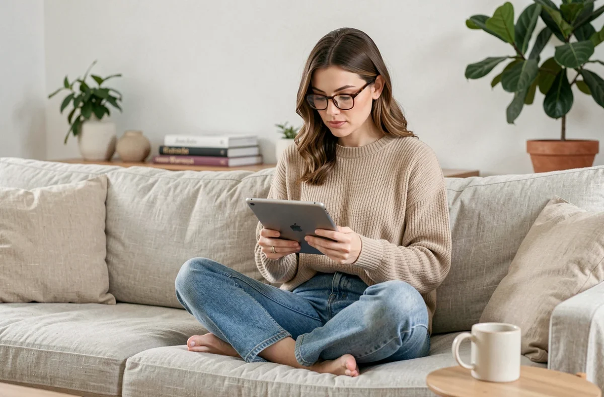 Femme décontractée parcourant un site de tendances lifestyle sur tablette dans un salon scandinave cosy, inspiration mode et actualités féminines