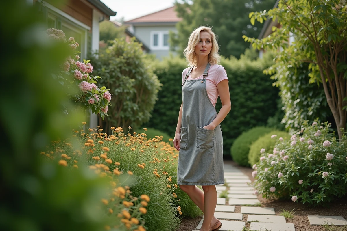 Femme en tablier de jardin près d