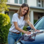 Jeune femme nettoyant sa voiture dans une allée résidentielle