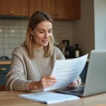 Femme dapproximativement 40 ans consulte des documents dans sa cuisine