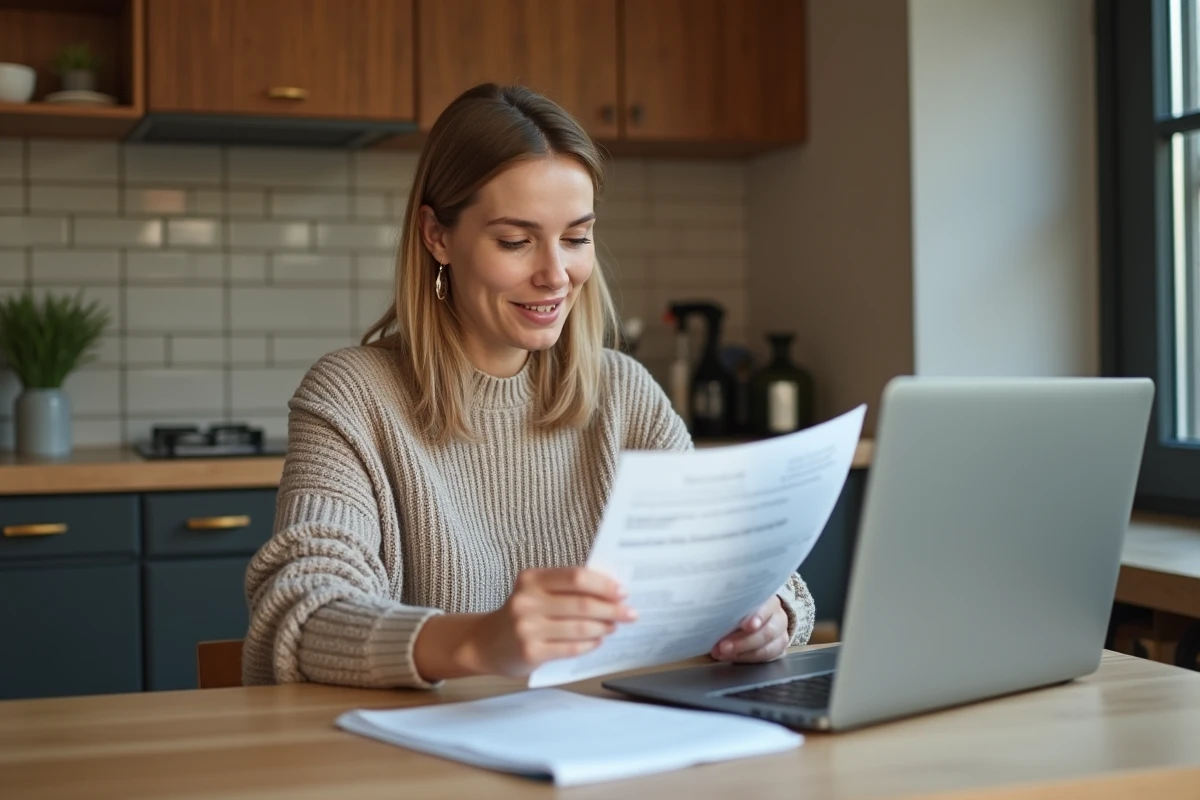 Femme dapproximativement 40 ans consulte des documents dans sa cuisine