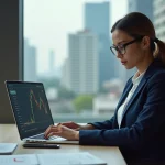 Femme professionnelle consultant l'actualité économique sur un ordinateur portable au bureau