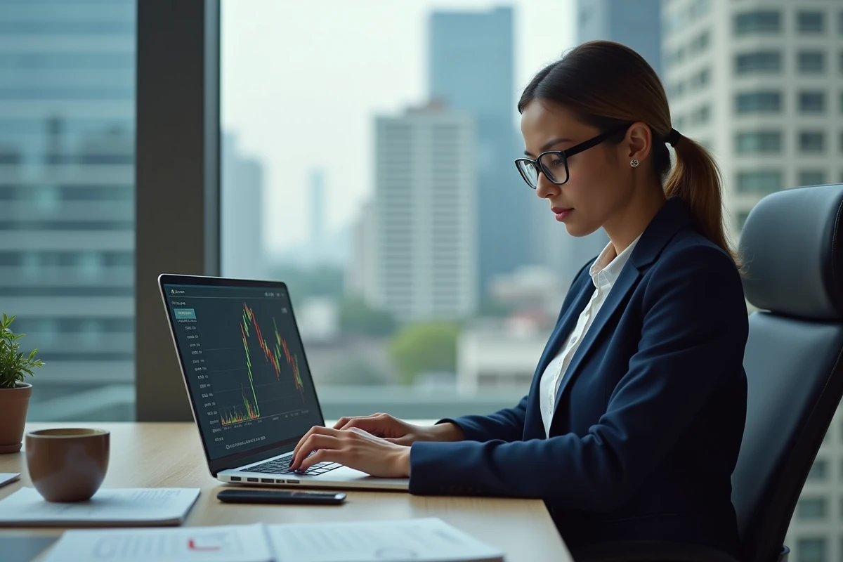 Femme professionnelle consultant l'actualité économique sur un ordinateur portable au bureau