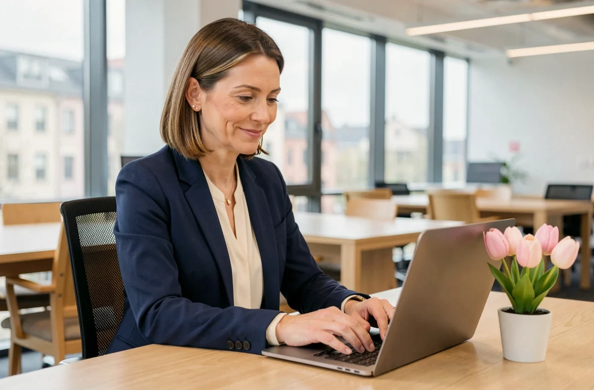 Femme professionnelle rédigeant un message de bonne fête de Pâques par e-mail dans un bureau moderne avec une décoration printanière