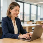 Femme professionnelle rédigeant un message de bonne fête de Pâques par e-mail dans un bureau moderne avec une décoration printanière