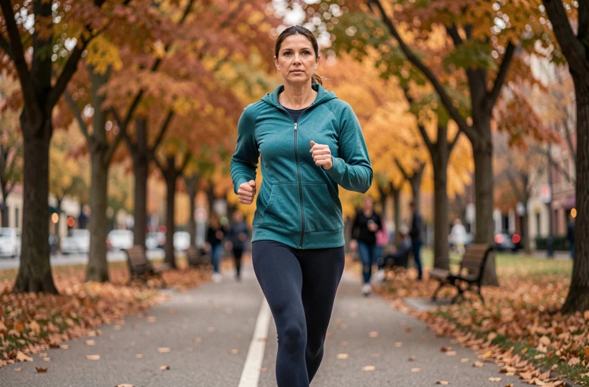 Femme de 40 ans courant sur un sentier de parc urbain en automne pour améliorer sa forme physique
