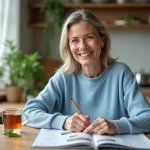 Femme souriante en cuisine lisant un magazine santé