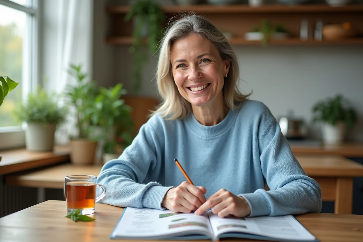 Femme souriante en cuisine lisant un magazine santé