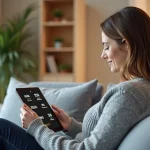 Femme consultant les options d'abonnement Amazon Prime et Premium sur une tablette dans un salon moderne