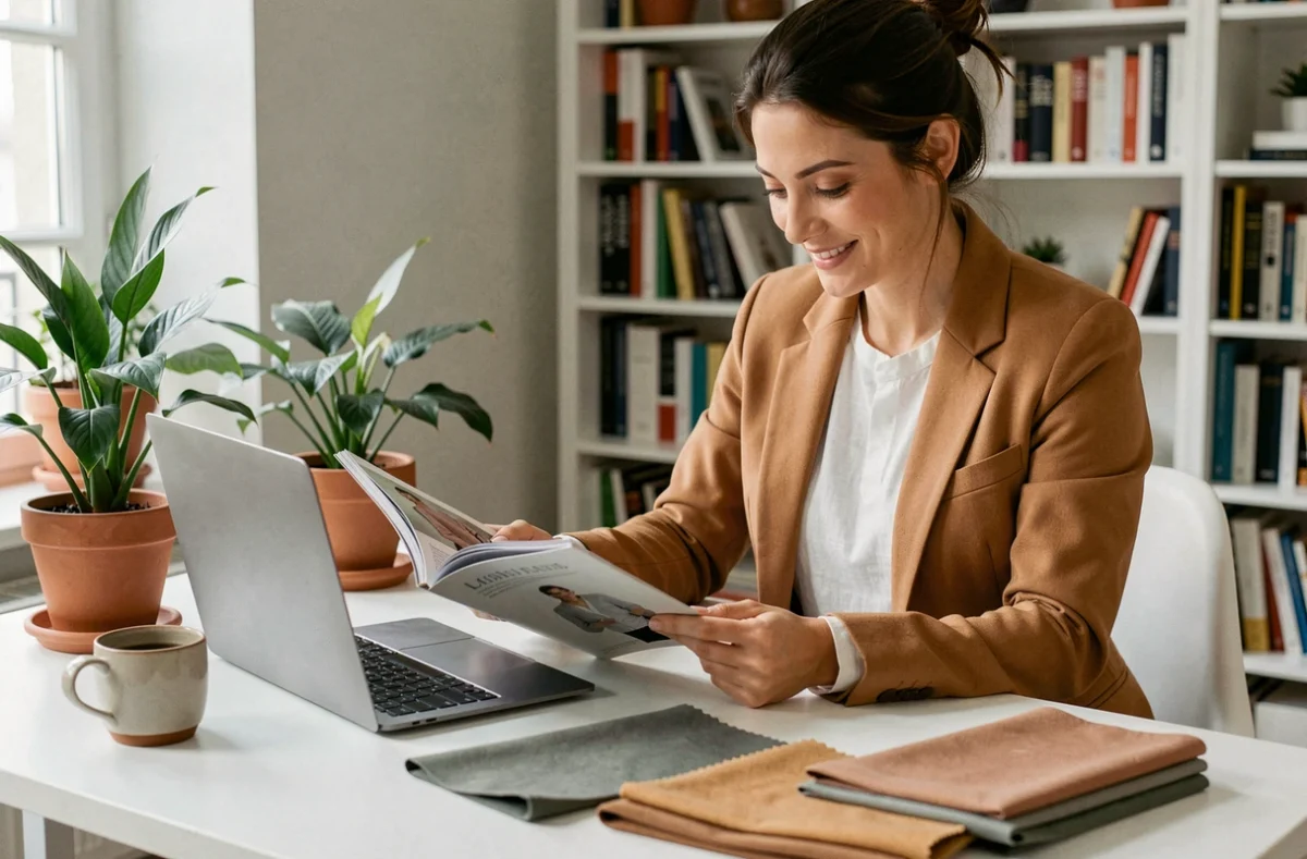 Femme élégante consultant un magazine de mode et un ordinateur portable dans un appartement parisien moderne, ambiance éditoriale tendance