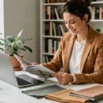 Femme élégante consultant un magazine de mode et un ordinateur portable dans un appartement parisien moderne, ambiance éditoriale tendance
