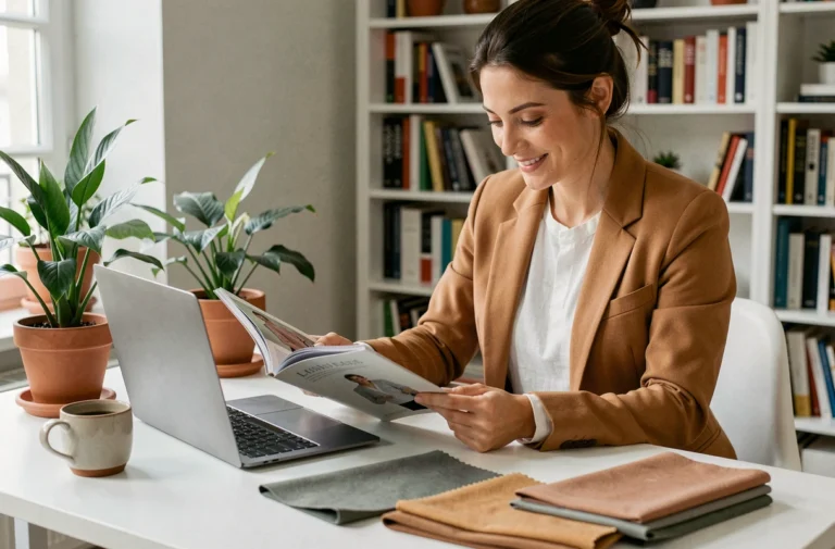 Femme élégante consultant un magazine de mode et un ordinateur portable dans un appartement parisien moderne, ambiance éditoriale tendance