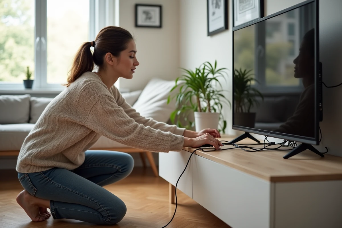 Jeune femme vérifiant les câbles derrière la télévision dans un appartement
