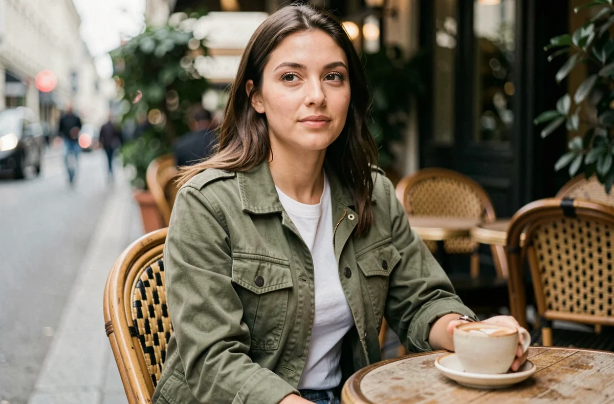 Femme en veste Liberto vert olive assise en terrasse de café, style casual chic et décontracté au quotidien