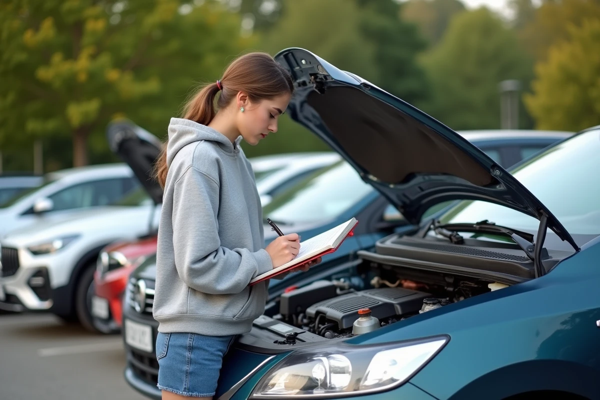 Jeune femme notant dans un carnet sous le capot de voiture