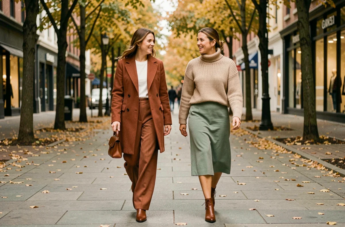 Deux femmes élégantes en tenues automnales tendance marchant sur un boulevard urbain bordé d'arbres, style éditorial street fashion