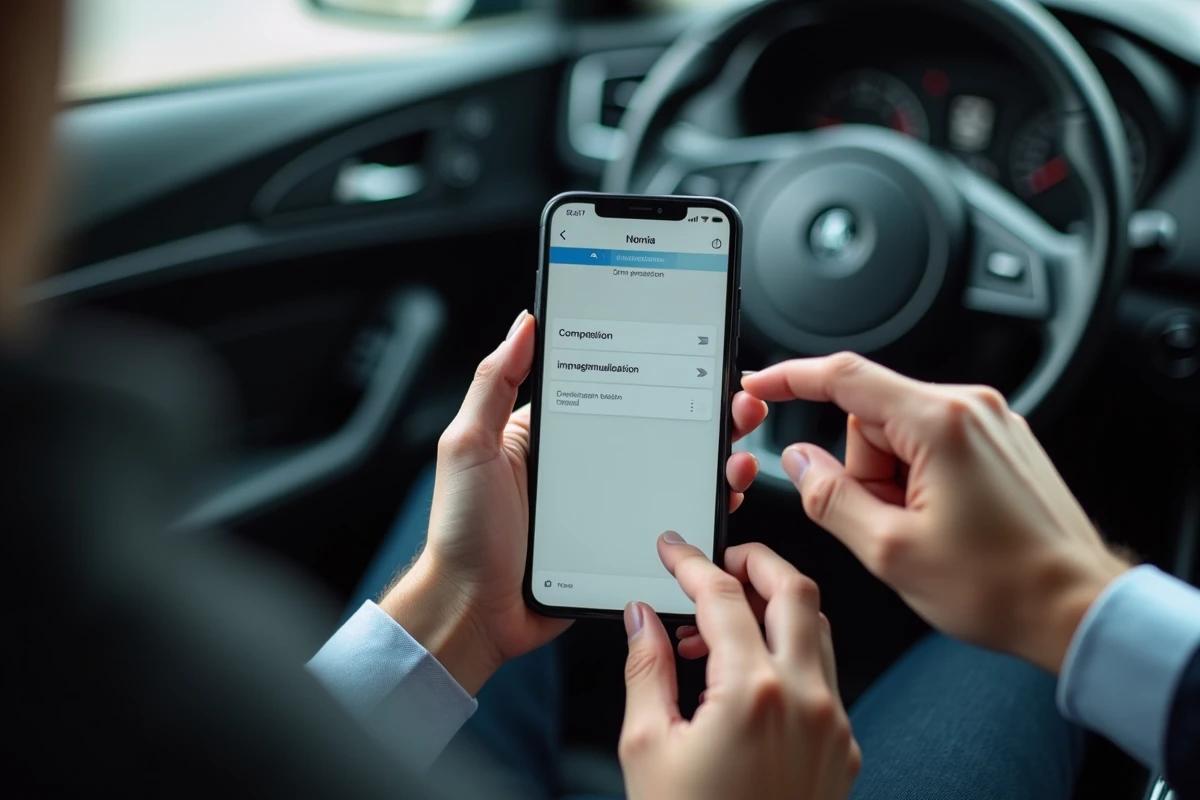 Mains tenant un smartphone pour remplir un formulaire de demande de carte grise en ligne depuis l'habitacle d'un véhicule