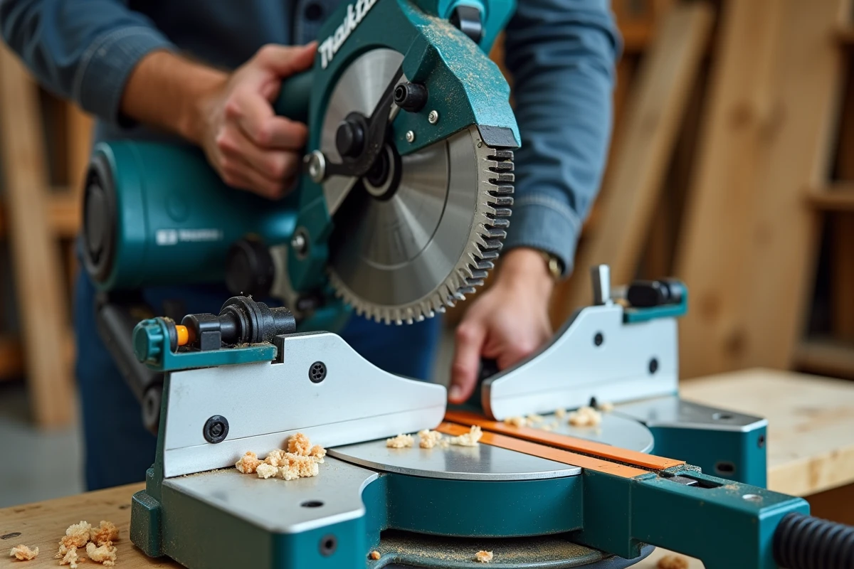 Gros plan sur la lame et le mécanisme de la scie radiale Makita LS1018L avec guide laser et collecteur de poussière