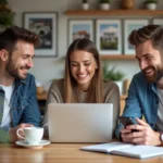Groupe de trois adultes discutant de biens immobiliers à la maison