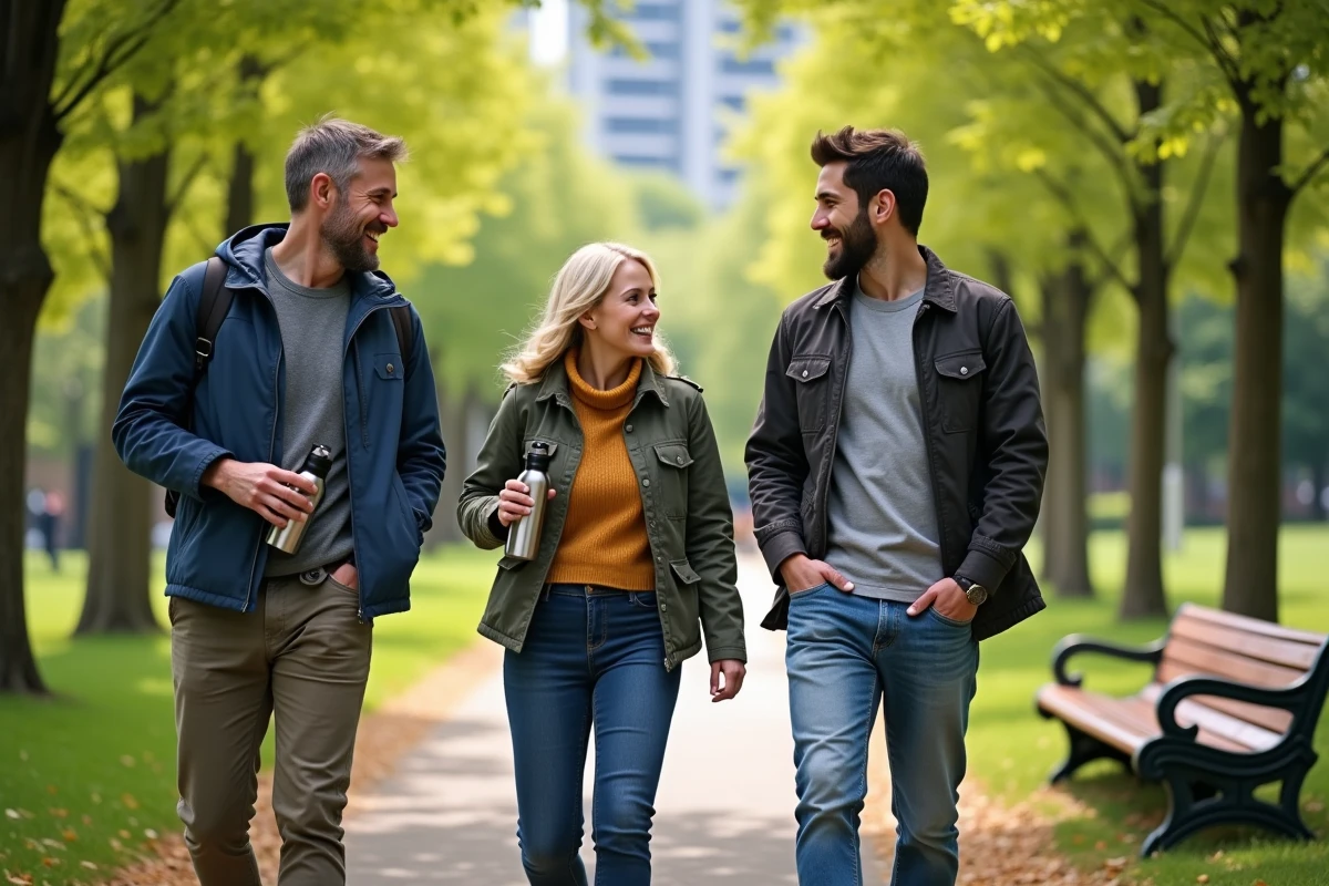 Trois personnes marchant dans un parc en discutant