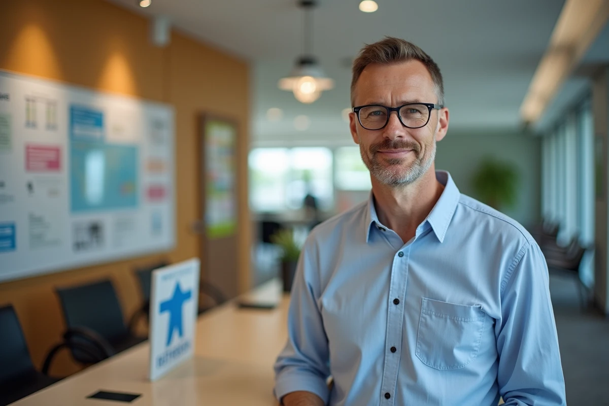 Homme dâge moyen parle avec un agent dans un bureau administratif