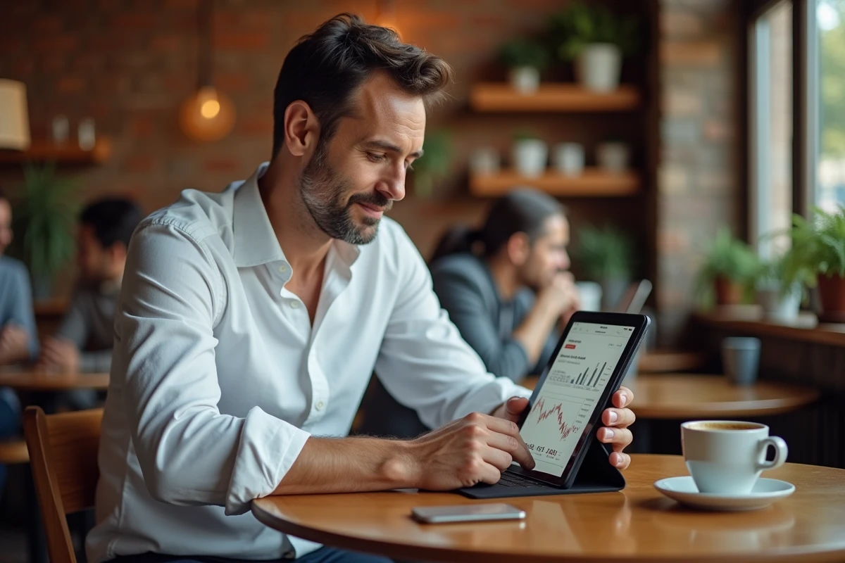 Homme d'affaires consultant le bilan économique sur une tablette dans un café