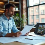 Un homme d'une quarantaine d'années examine des documents immobiliers et des plans à son bureau à domicile, avec un ordinateur portable affichant des annonces de propriétés