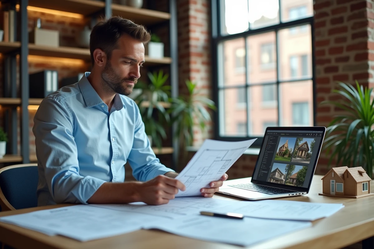 Un homme d'une quarantaine d'années examine des documents immobiliers et des plans à son bureau à domicile, avec un ordinateur portable affichant des annonces de propriétés
