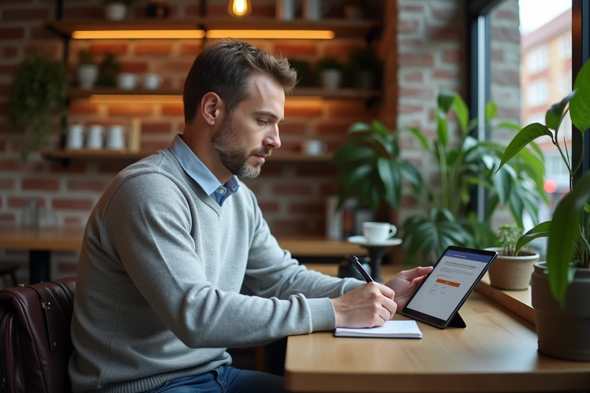 Homme au café prenant des notes sur tablette et carnet