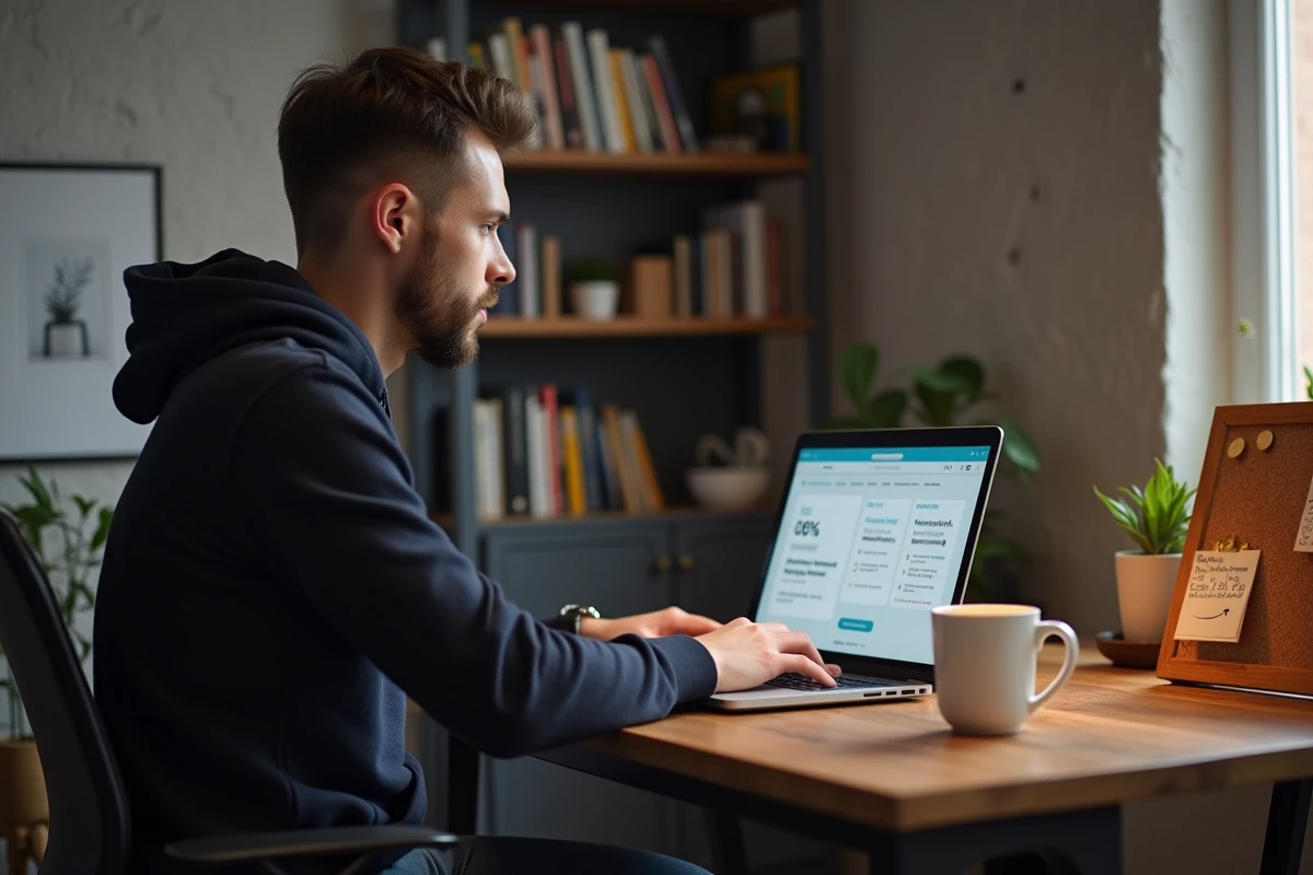 Homme comparant les abonnements Amazon Prime et Amazon Premium sur un ordinateur portable dans un bureau à domicile