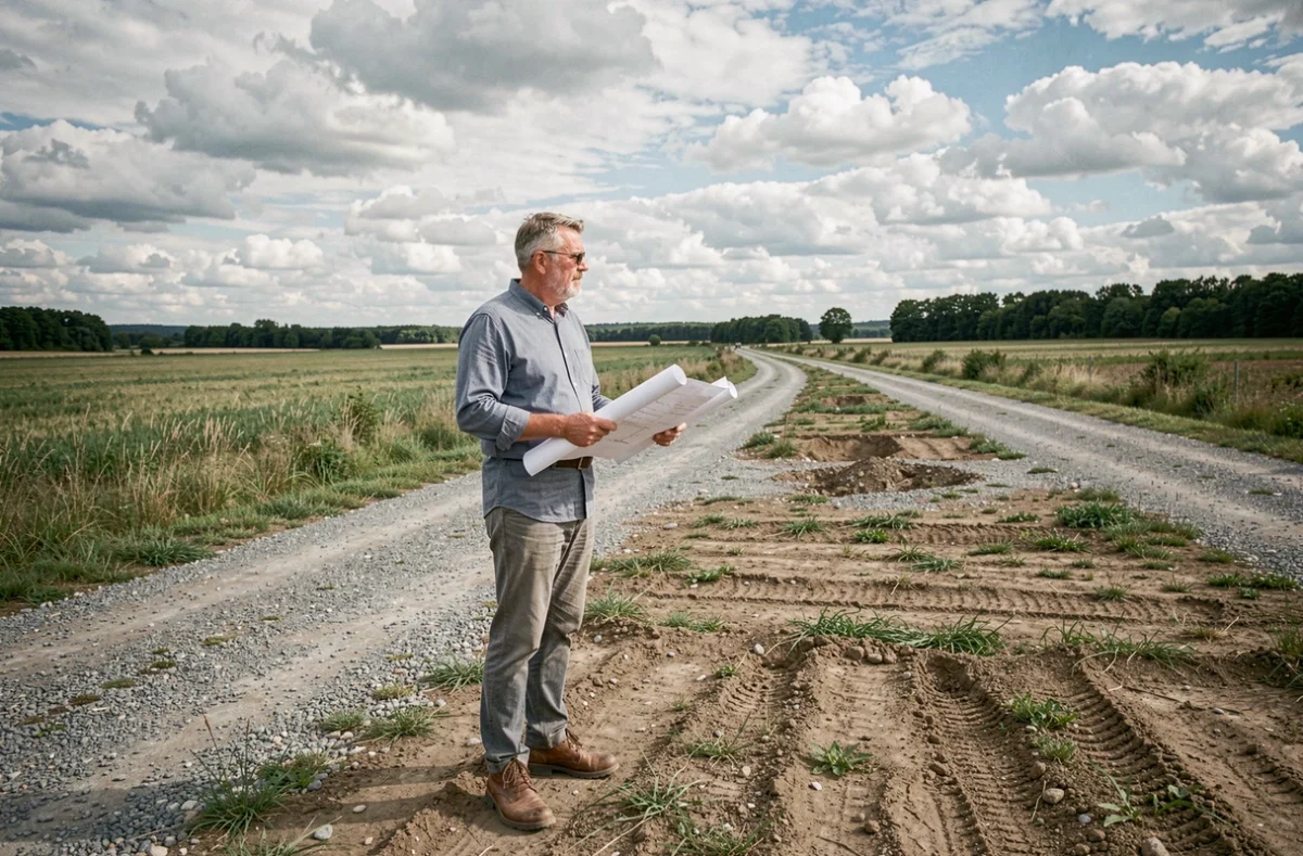 Homme évaluant un terrain non constructible en zone semi-rurale avec des plans d'aménagement à la main