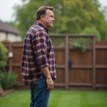 Homme d'âge moyen dans son jardin privé en jeans