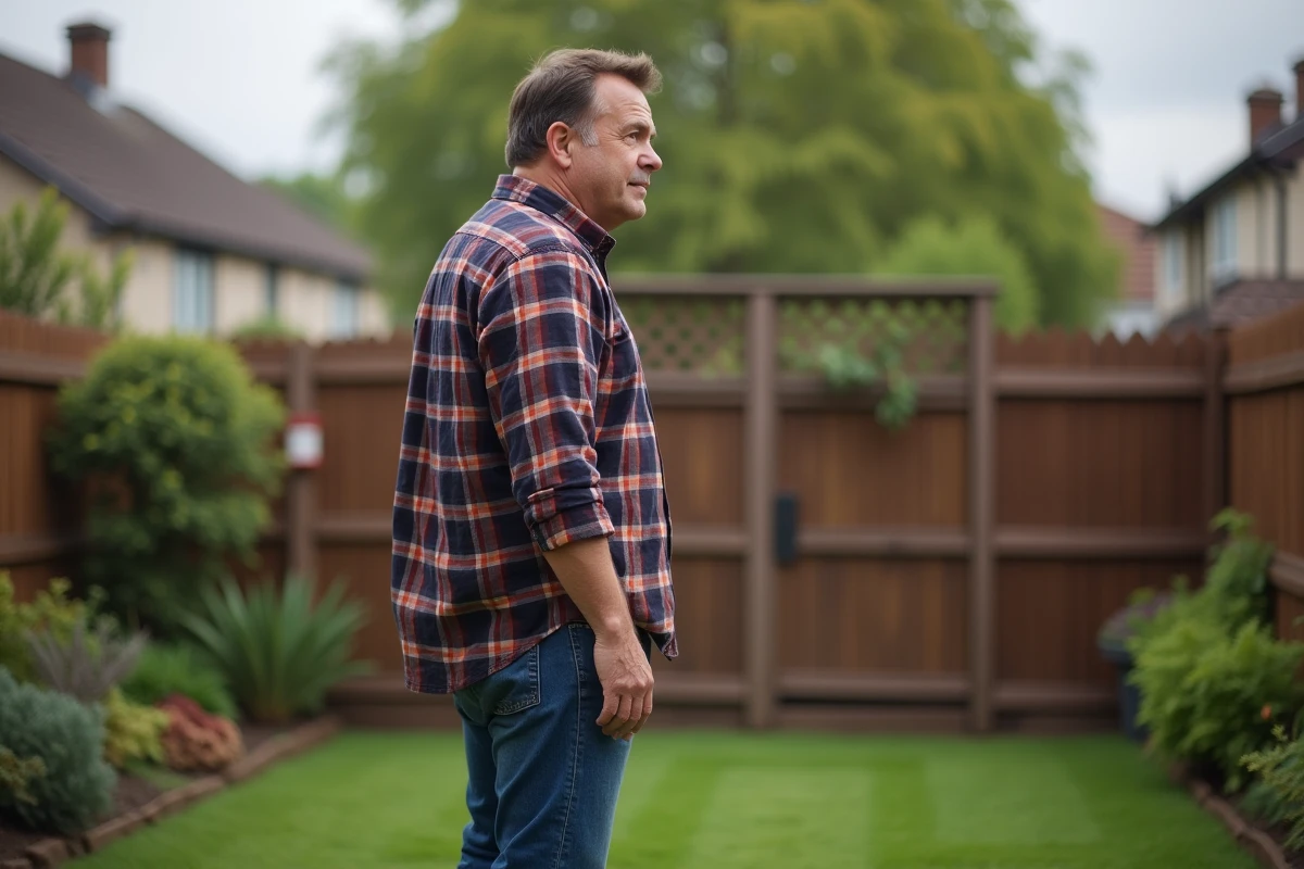 Homme d'âge moyen dans son jardin privé en jeans