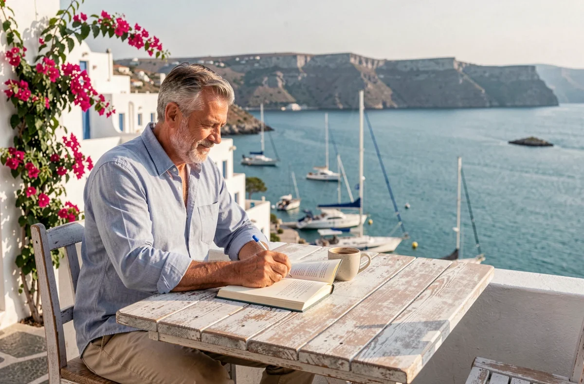 Homme écrivant dans un journal de voyage en terrasse de café avec vue sur une baie méditerranéenne turquoise