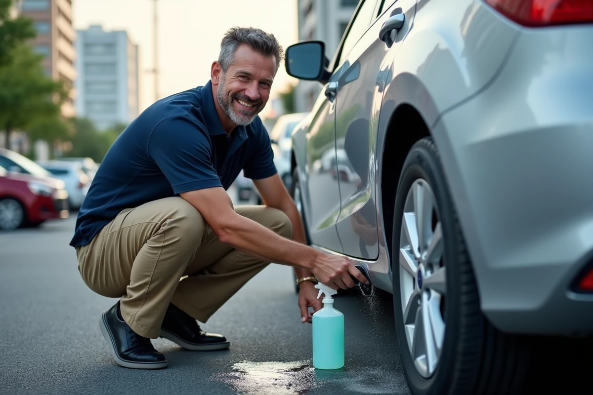 Homme appliquant un produit sur la roue d