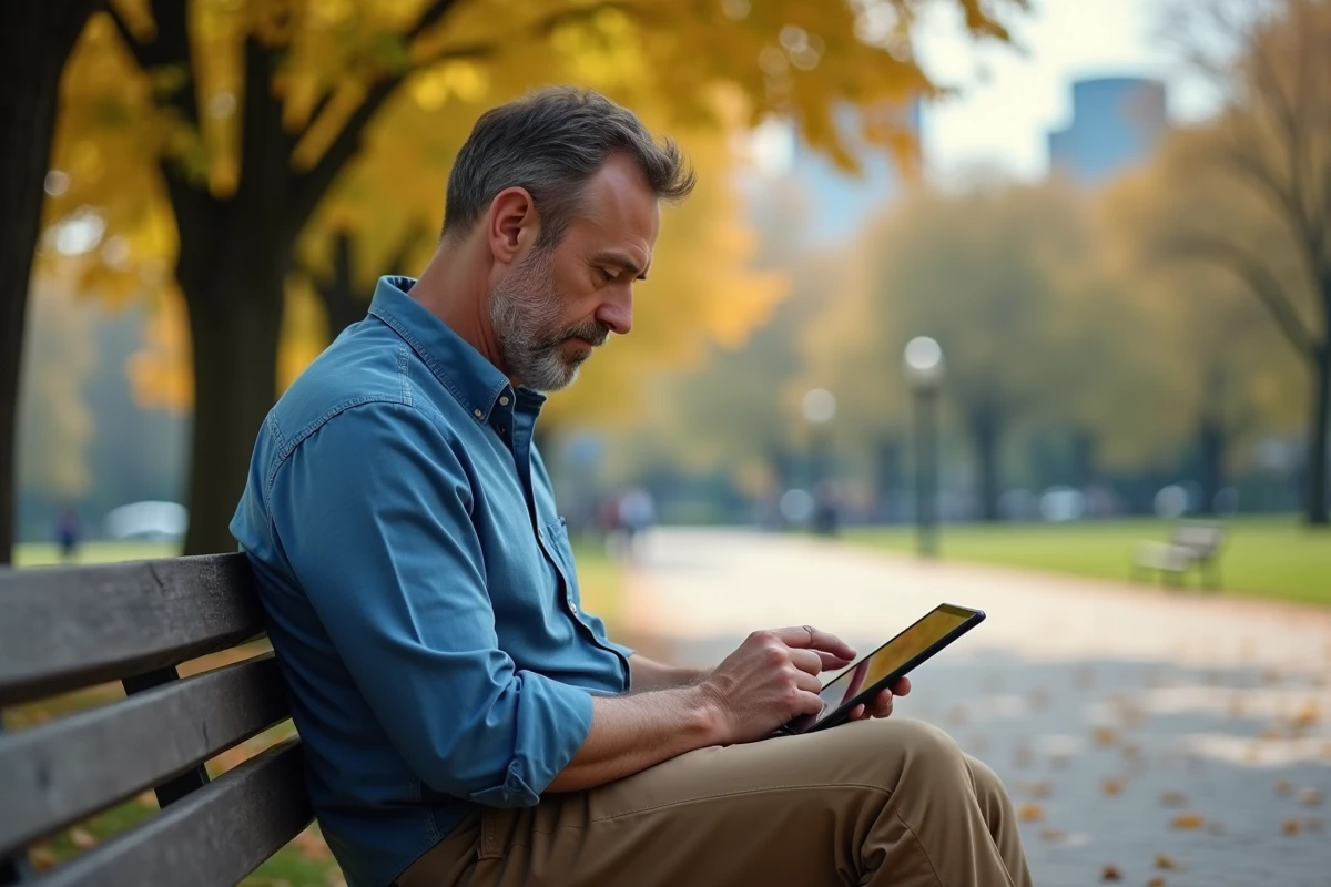 Homme d age en plein air utilisant une tablette dans le parc