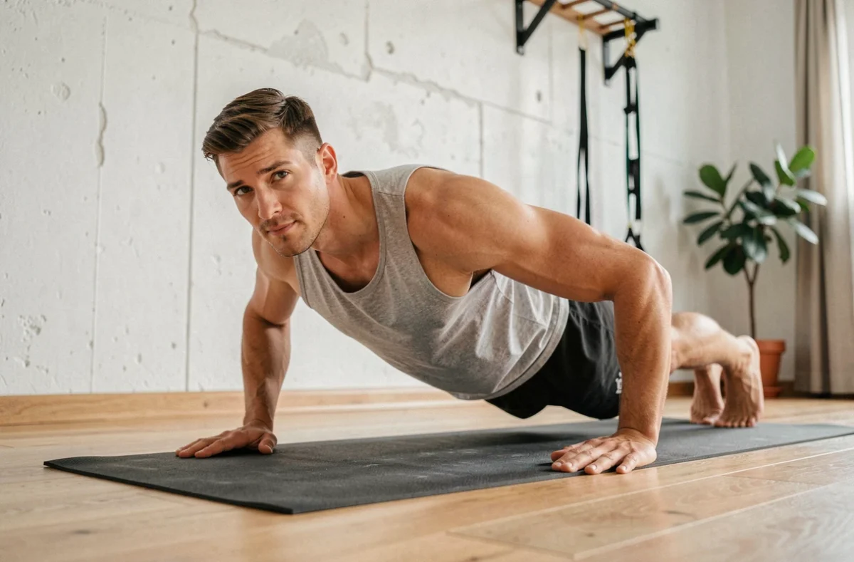 Homme réalisant des pompes sur tapis de yoga dans une salle de sport à domicile épurée