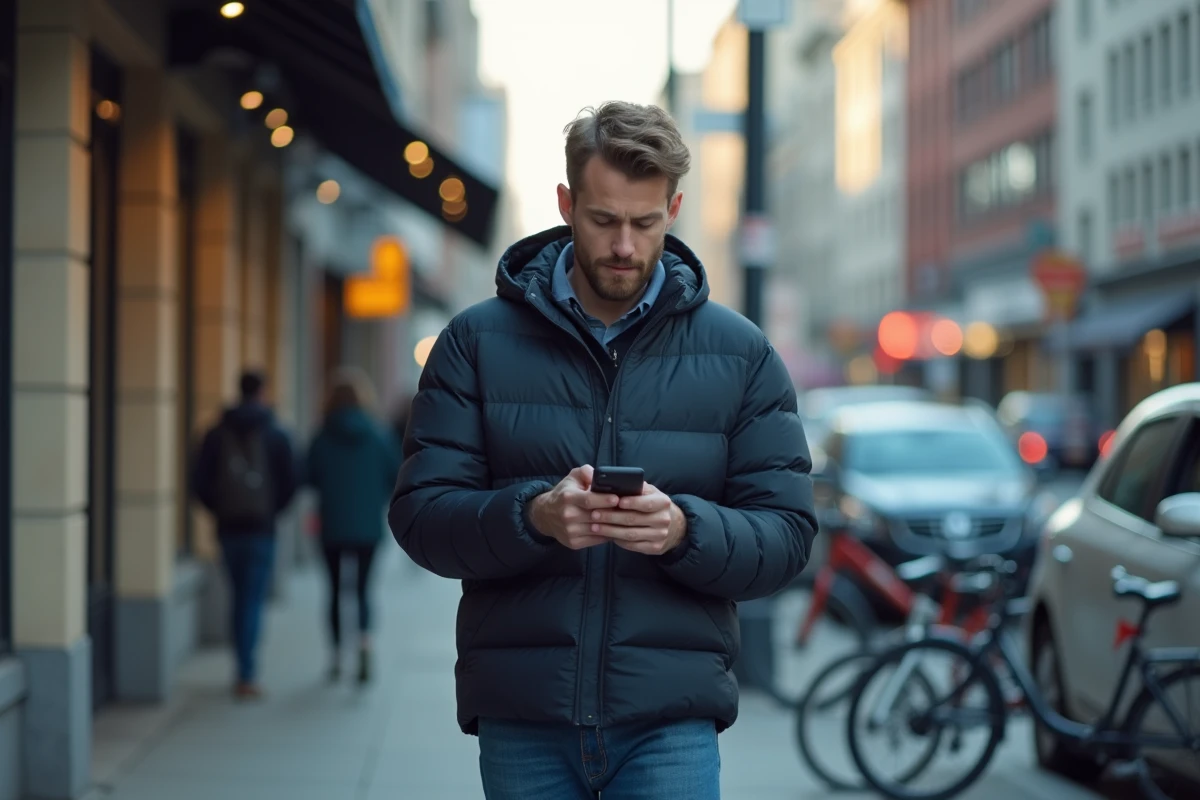 Homme cherchant le numéro du service client Uber Eats sur son téléphone dans la rue