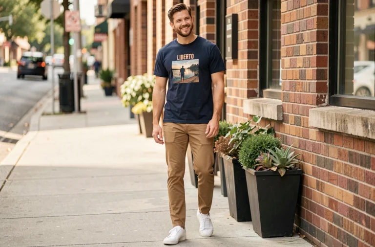 Homme portant un tee shirt Liberto bleu marine décontracté sur un trottoir urbain ensoleillé, tenue casual et détendue
