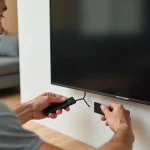 Homme branchant la Xiaomi Mi TV Stick dans le port HDMI d'un téléviseur mural dans un salon moderne