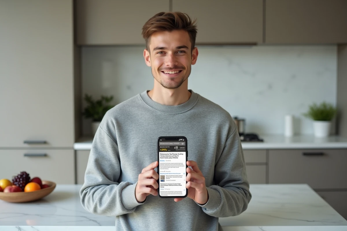 Jeune adulte lisant les actualités économiques sur son smartphone à la maison