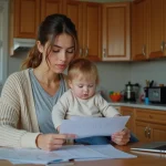 Maman et enfant vérifiant des papiers CAF à la maison