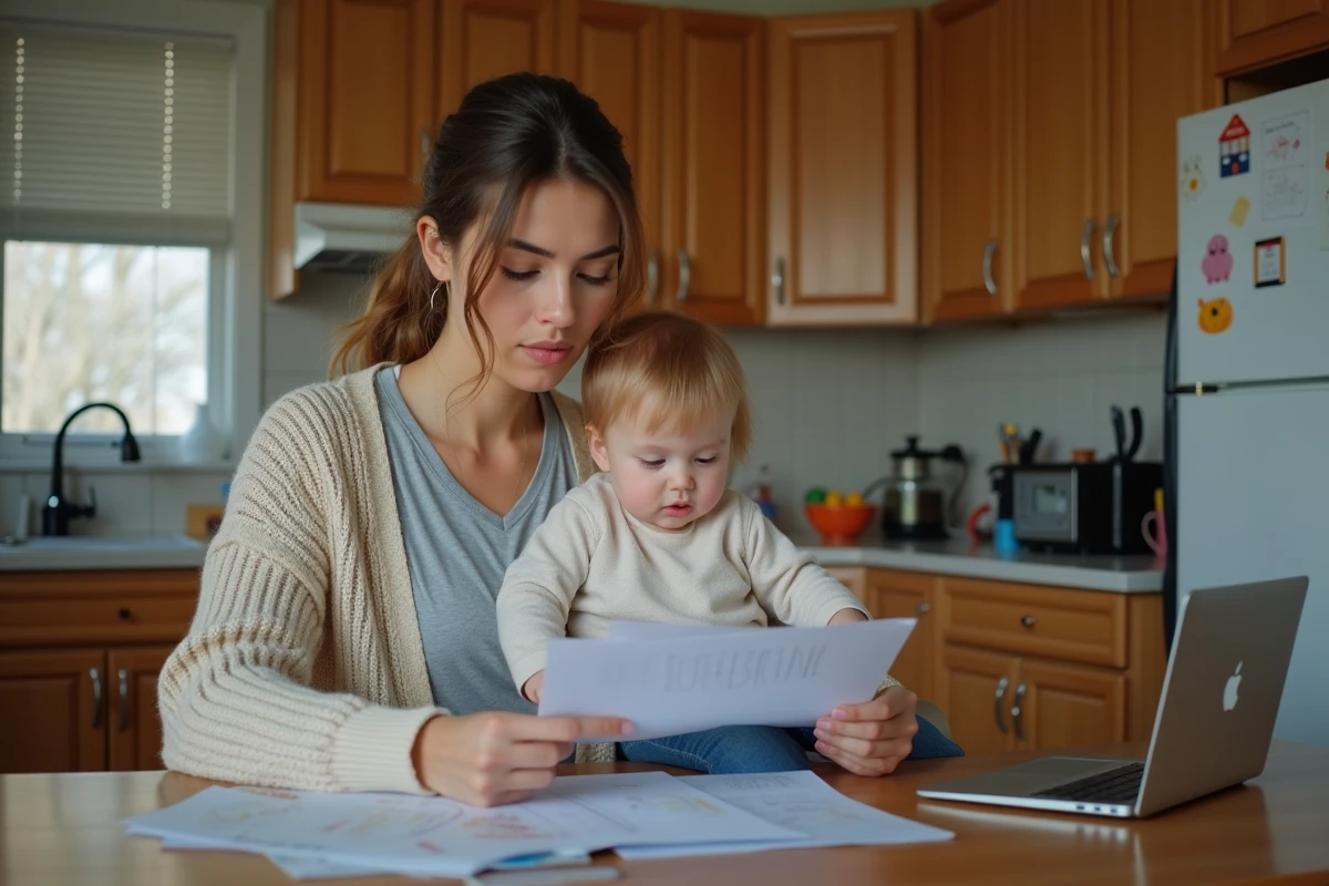 Maman et enfant vérifiant des papiers CAF à la maison