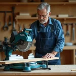 Menuisier utilisant une scie radiale Makita LS1018L dans un atelier professionnel pour couper une planche en bois