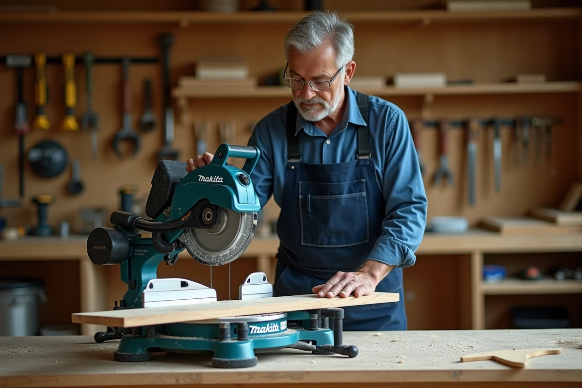 Menuisier utilisant une scie radiale Makita LS1018L dans un atelier professionnel pour couper une planche en bois