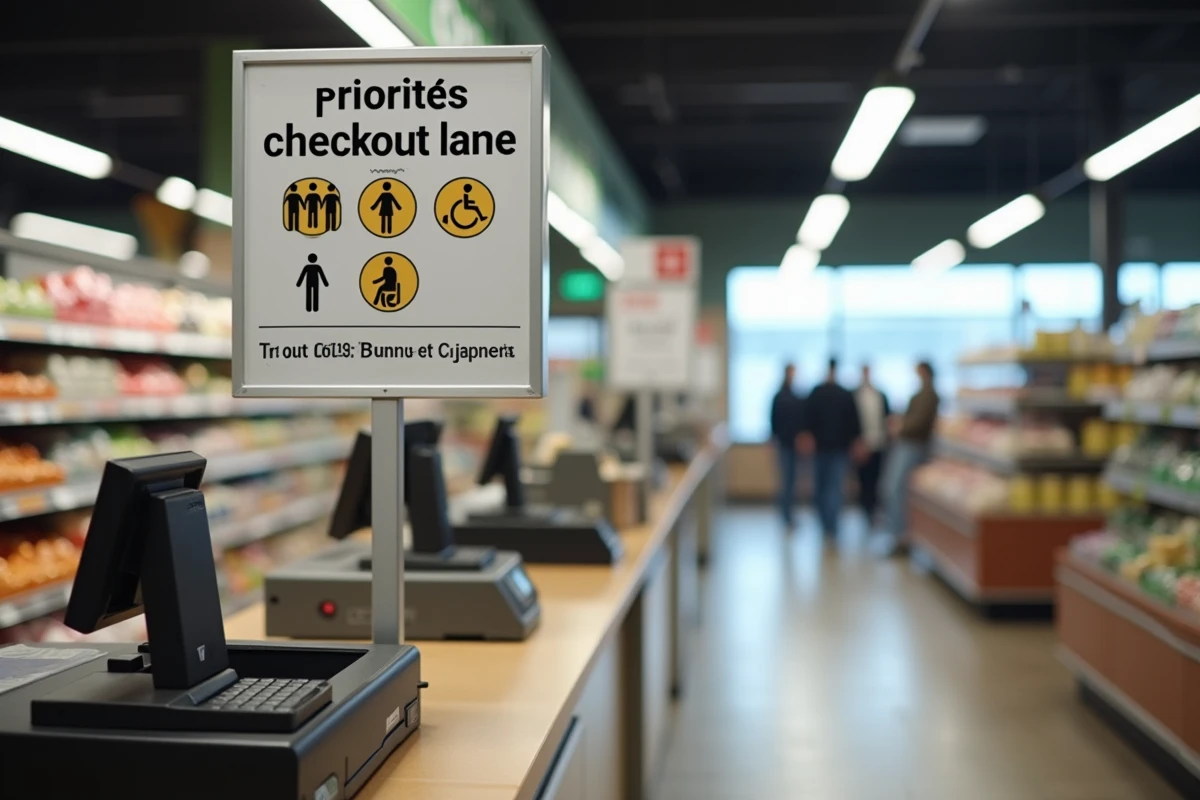 Panneau de caisse prioritaire en supermarché indiquant les bénéficiaires comme les femmes enceintes et personnes handicapées