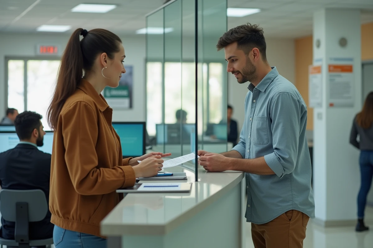 Papa remettant des documents à un agent CAF en bureau