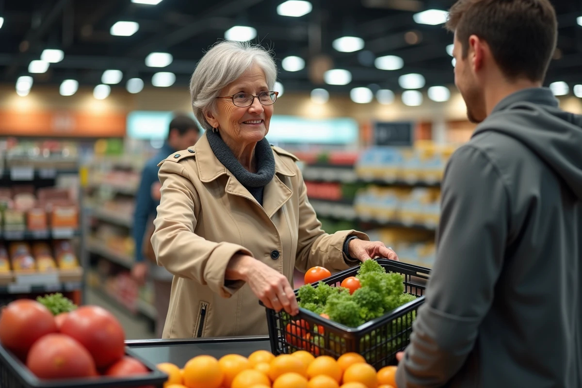 Femme âgée déposant ses courses sur le tapis d'une caisse prioritaire aidée par un employé de supermarché