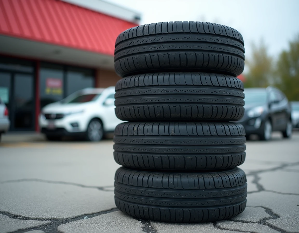 Quatre pneus empilés sur un parking devant un magasin spécialisé, symbolisant le choix et la comparaison des offres 365 pneus
