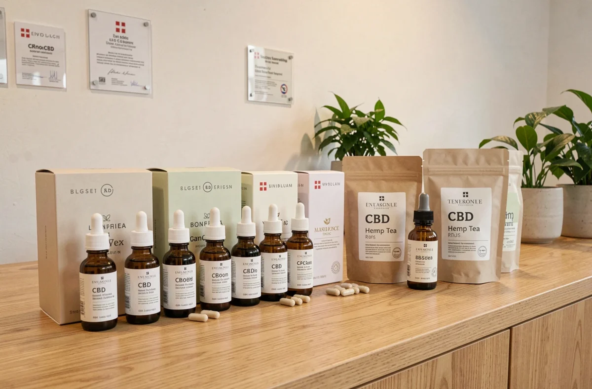 Gamme de produits CBD légaux exposés sur le comptoir d'une boutique spécialisée en Suisse